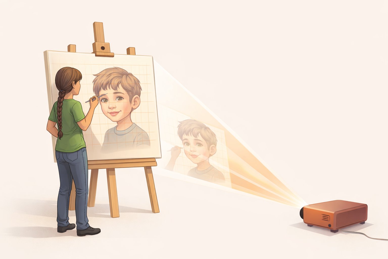 Artist tracing at an easel with projector to the side
